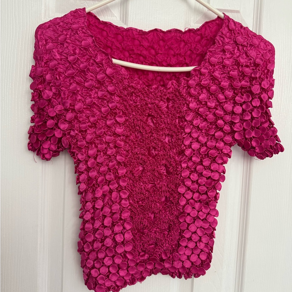Vibrant Pink Textured Short Sleeve Top